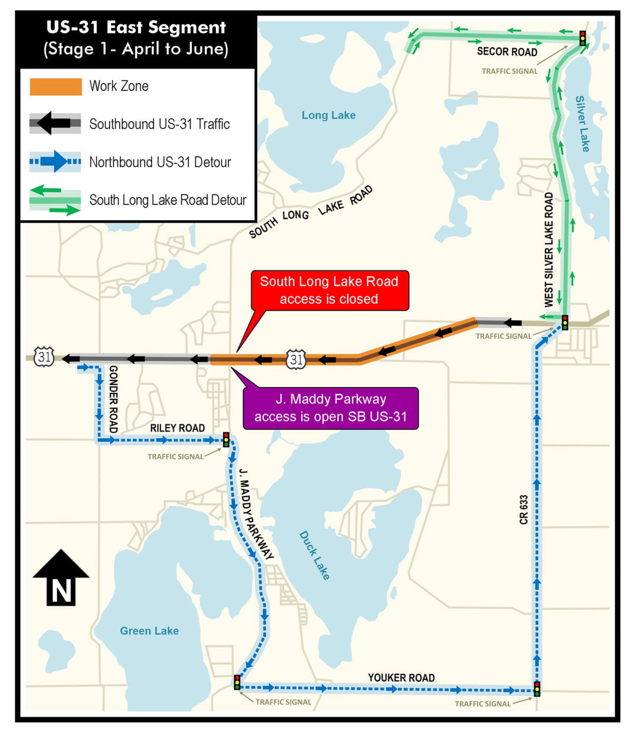 Stage 1 road construction map for spring 2026 in Interlochen