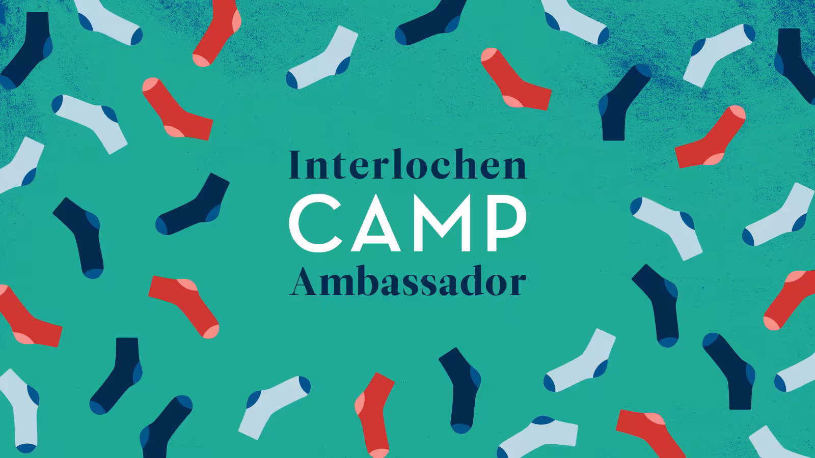 The words Interlochen Camp Ambassador appear on a green background surrounding by drawings of light blue, red, and dark blue socks. 