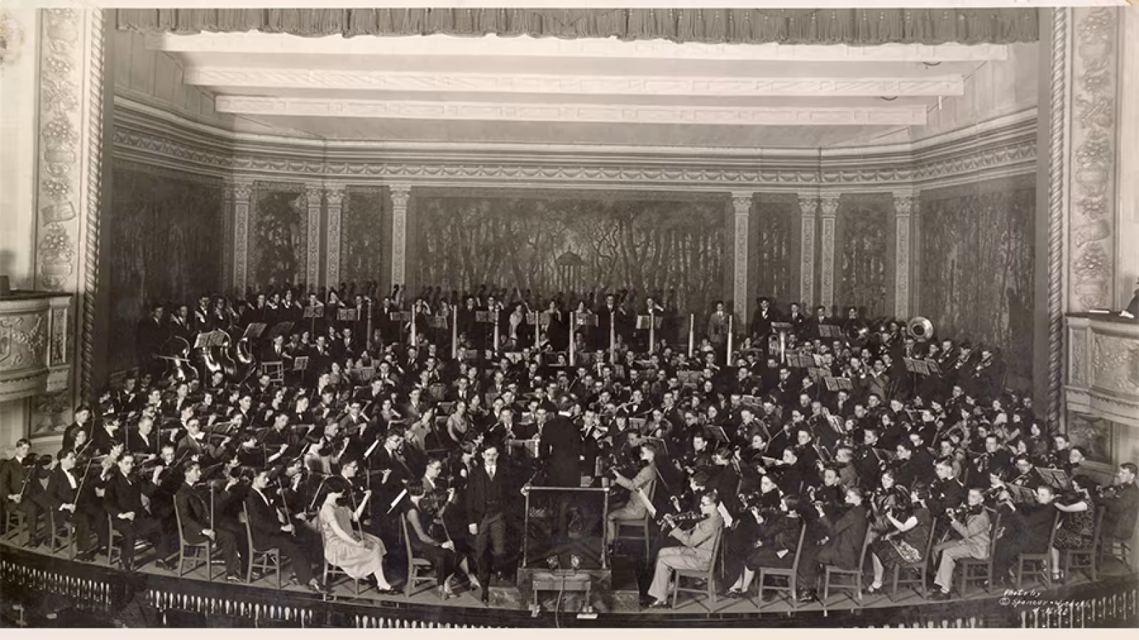 The 230 members of the 1926 National High School Orchestra on the stage at Detroit's Orchestra Hall. 