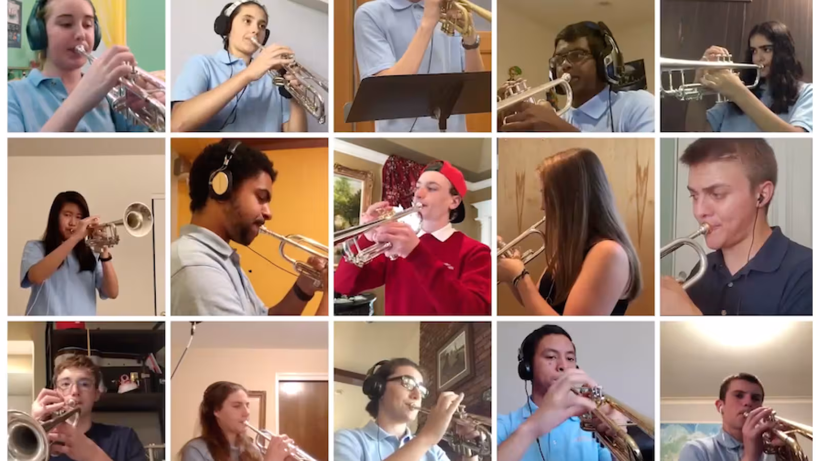 A collage of 15 people playing trumpets in different settings.