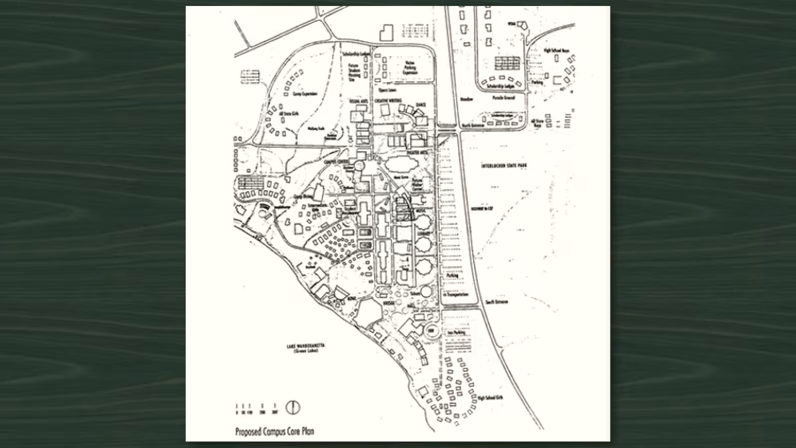 Detailed map of a proposed campus core plan with buildings, roads, and landmarks.