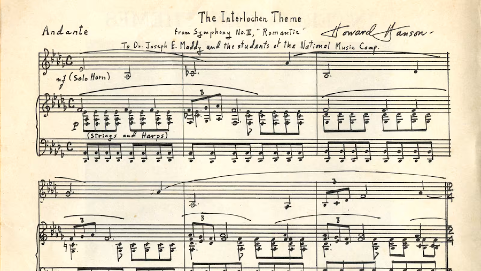 Original sheet music for The Interlochen Theme,  presented "to Dr. Joseph E. Maddy and the students of the National Music Camp," and signed by composer Howard Hanson.  