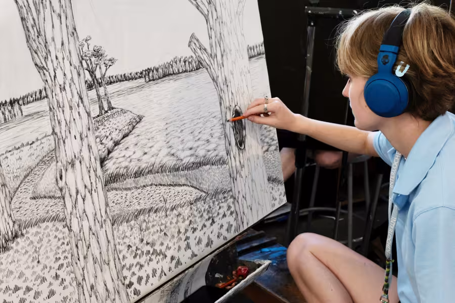 A girl pencils a landscape