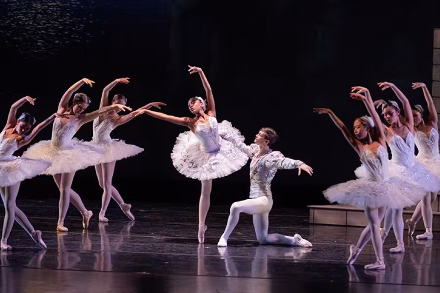 Odette, her maidens, and Prince Siegfried at the lake.