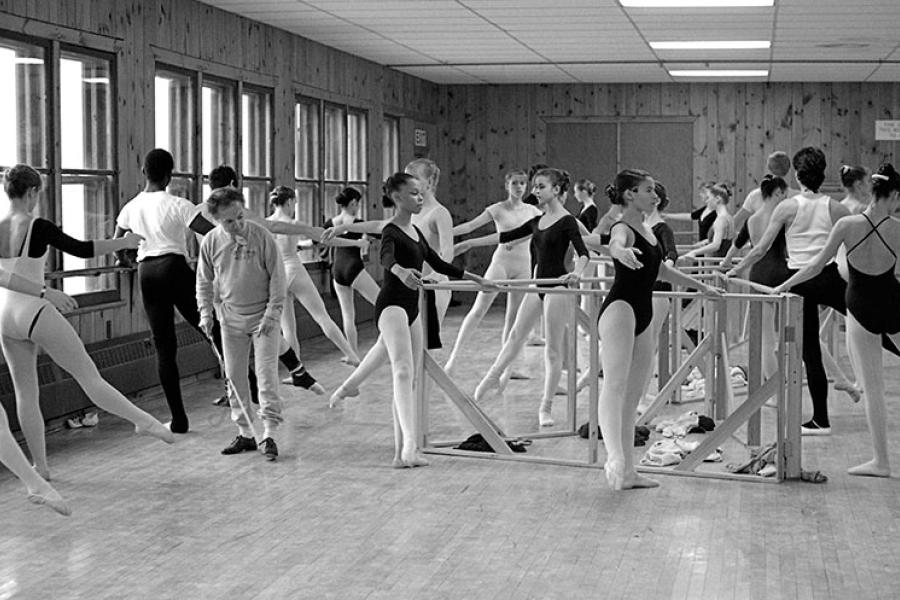 A group of dancers rehearse in the Hildegarde Lewis Dance Building