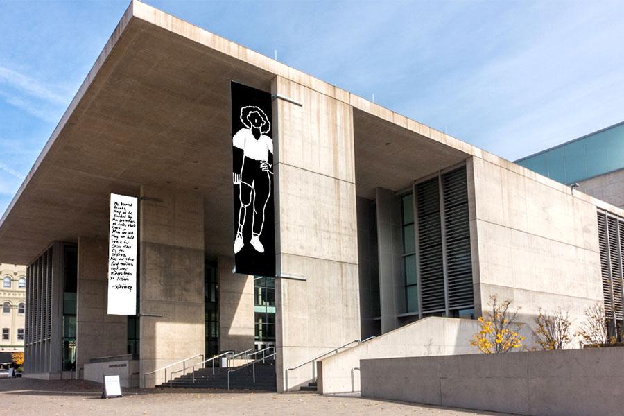 Two long, black-and-white banners—part of Oaklee Thiele's "My Dearest Friend" project—on display on the exterior of the Grand Rapids Art Museum, an angular and modern-looking concrete building.