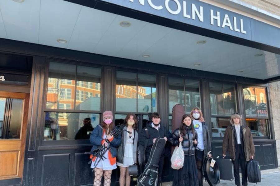 Interlochen Arts Academy singer-songwriter students standing outside Lincoln Hall in Chicago.