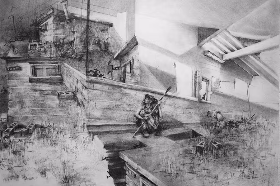 "Bricks, Buildings, and Hockeysticks," a drawing by Marlene Schwier