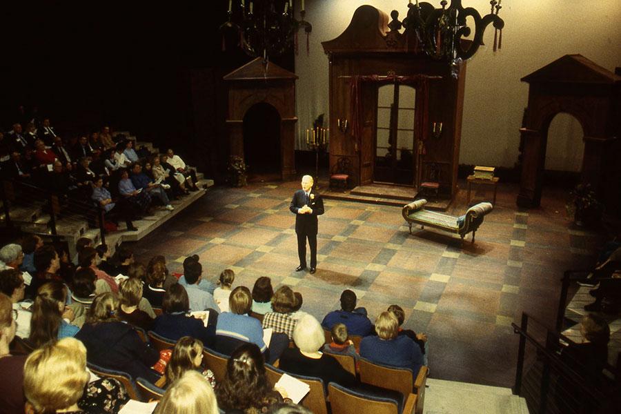 Downing addresses the audience before the opening night of 'The Miser' in Harvey Theatre.