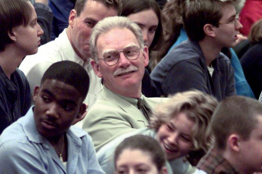 Ed Downing at a student assembly in 1998.
