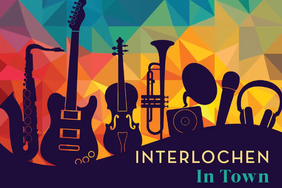 a colorful image featuring black silhouettes of various music instruments 