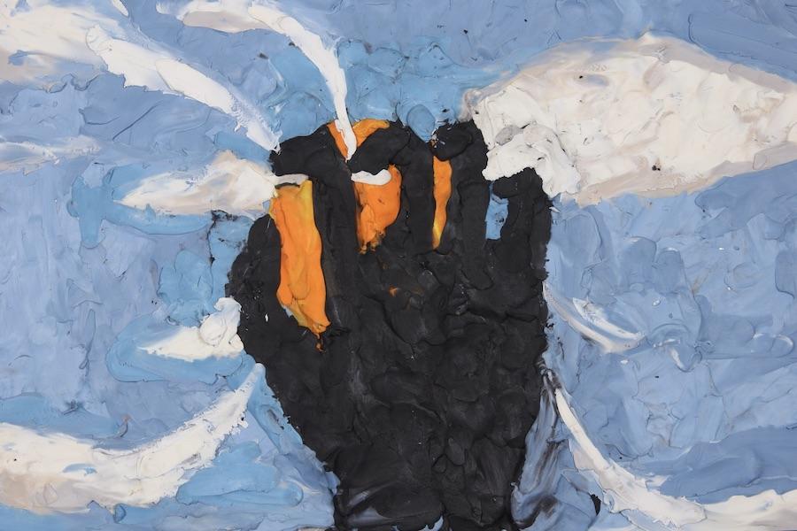 A painting of a dark-skinned hand grasping an orange in front of a cloud-filled sky.
