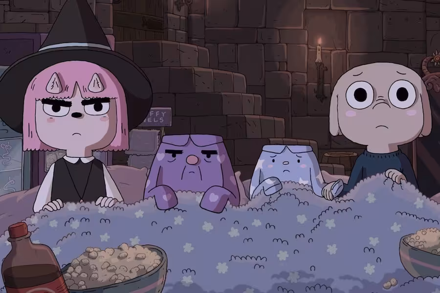 Four cartoon characters sitting under a blanket exhibit scared or disgruntled expressions.