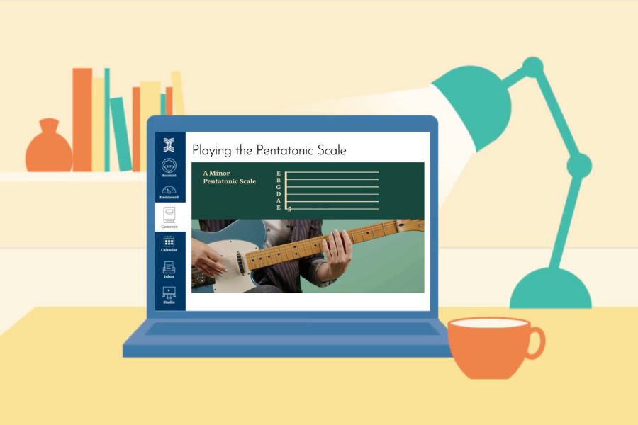 A view of the Interlochen Online learning environment, featuring a lesson on playing the pentatonic scale on guitar. 