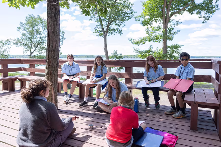 The Junior Theatre Company rehearses on the deck outside of Penn Hall.