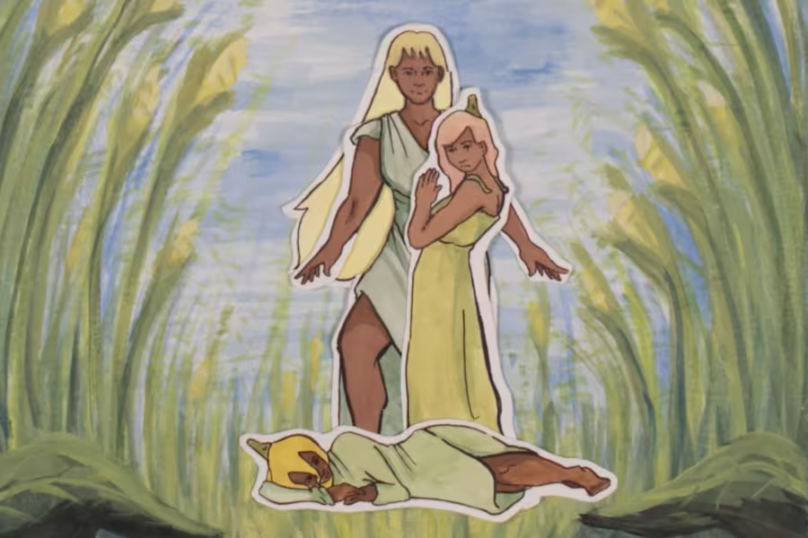 A colored pencil drawing shows three anthropomorphized plants.