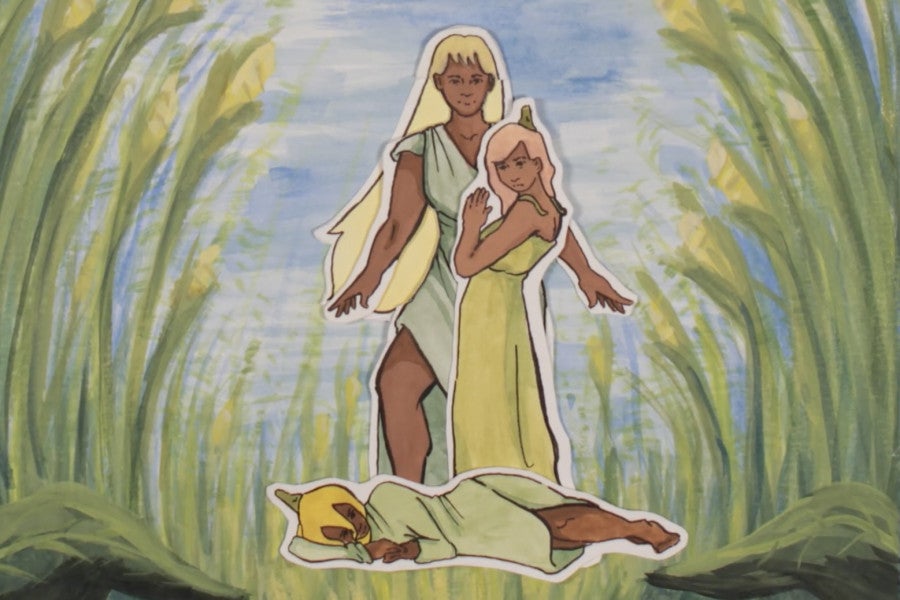 A colored pencil drawing shows three anthropomorphized plants.