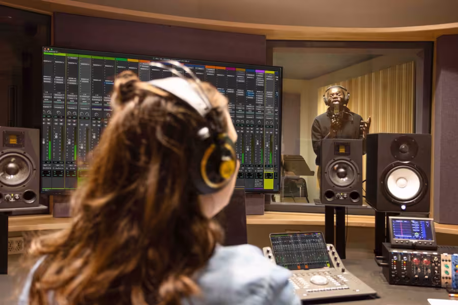 Two people in a recording studio