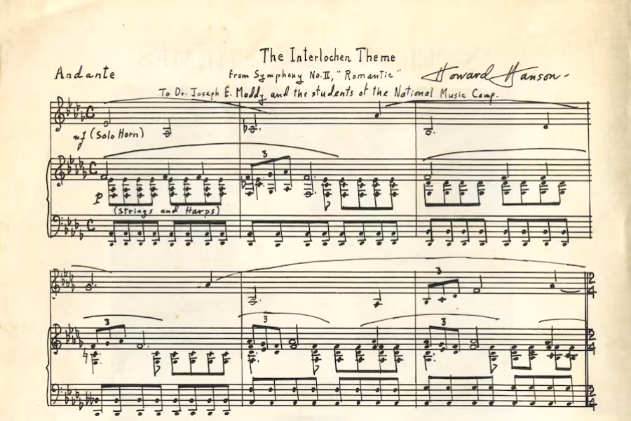 Original sheet music for The Interlochen Theme,  presented "to Dr. Joseph E. Maddy and the students of the National Music Camp," and signed by composer Howard Hanson.  