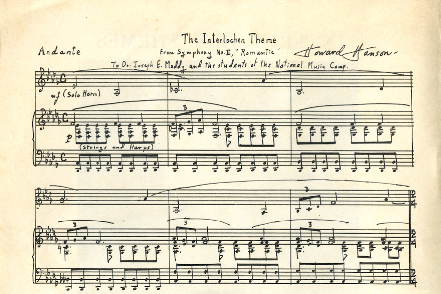 Original sheet music for The Interlochen Theme,  presented "to Dr. Joseph E. Maddy and the students of the National Music Camp," and signed by composer Howard Hanson.  