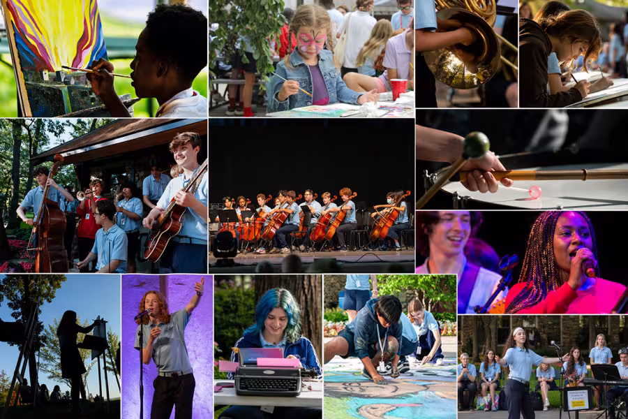 Collage of arts students participating in creative activities outdoors and on stage. Images show young people painting on canvas, face painting, sketching, playing brass instruments, performing in jazz and orchestra ensembles, singing into microphones, typing on a typewriter, creating sidewalk chalk art, and speaking during an outdoor performance. The collage highlights music, visual arts, theater, and community creativity in a lively campus setting.