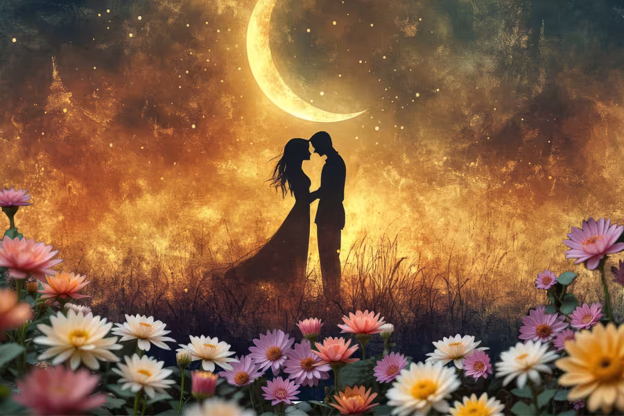 Silhouetted couple embracing and about to kiss in a flower-filled meadow beneath a glowing crescent moon. The dreamy golden sky is speckled with stars, while pink, white, and yellow blossoms frame the romantic scene.