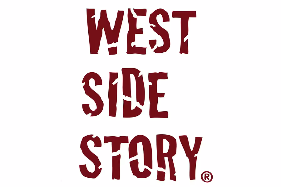 Red stylized text reading “West Side Story” stacked vertically on a light gray background.
