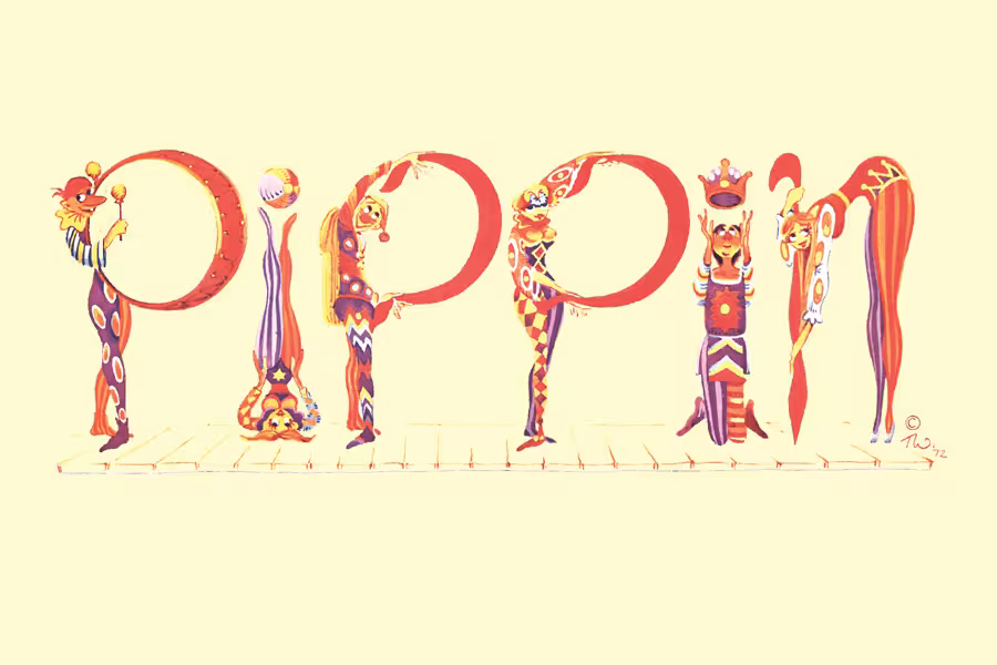 Stylized illustration of the word “PIPPIN,” with each letter formed or supported by colorful, whimsical performers in theatrical costumes. The figures are elongated and playful, using poses like balancing, bending, and standing upright to shape the letters. The palette features warm reds, oranges, and yellows with decorative patterns. The characters stand on a simple stage platform against a light, neutral background, evoking a lively, circus-like theatrical mood.