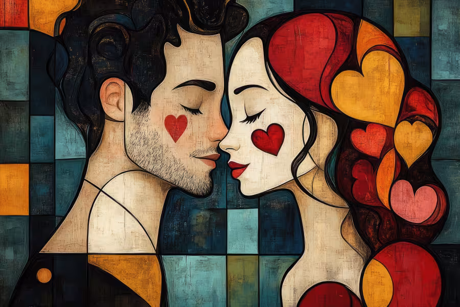 Stylized, textured illustration of two young lovers facing each other closely, eyes closed as if about to kiss. Their faces are simplified and outlined in black, with warm cream tones and red heart shapes on their cheeks. The woman’s hair is composed of layered red, orange, and pink heart forms, while the man’s hair is dark and tousled. The background is a patchwork of muted blue, teal, and gold squares, creating a stained-glass effect. The composition conveys intimacy, romance, and emotional connection, ev