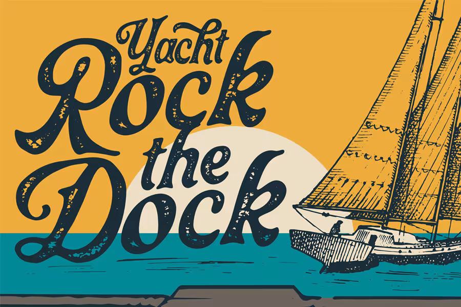 Promotional graphic for “Yacht Rock the Dock” featuring vintage-style navy blue lettering over a golden sunset sky. A detailed sailboat glides across turquoise water with a large sun in the background, creating a retro coastal concert vibe.