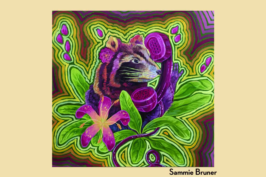 A colorful painting of a raccoon holding a vintage telephone receiver among large green leaves and a pink lily flower. The background features vibrant, layered patterns in green, yellow, and purple that create a psychedelic, topographic effect. Artwork by Sammie Bruner.