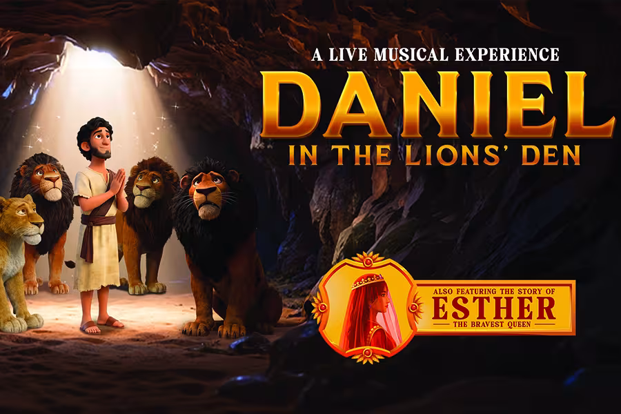 Illustrated promotional graphic for the live musical experience Daniel in the Lions' Den. Daniel stands praying inside a cave while four lions calmly surround him beneath a beam of light. Large gold text reads, "A Live Musical Experience: Daniel in the Lions' Den." A featured badge at the bottom right reads, "Also Featuring the Story of Esther: The Bravest Queen."
