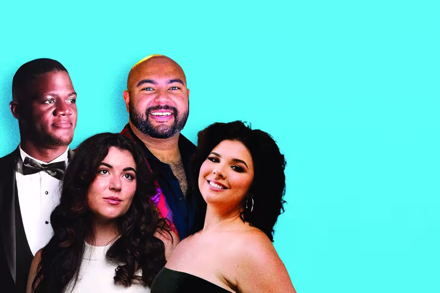 Promotional image featuring four Detroit Opera Resident Artists posed together against a bright teal background. From left to right are a man in a black tuxedo, a woman in a white sleeveless dress, a smiling man in a colorful jacket, and a woman in a black off-the-shoulder dress. The group faces slightly different directions, creating a warm and welcoming portrait with open space on the right side of the image.