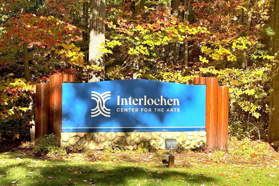 The main gate sign for Interlochen Center for the Arts
