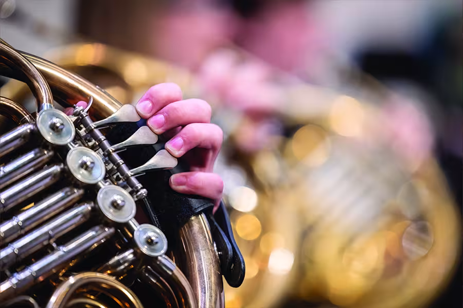 Close-up of a musician's hand pressing the valves of a French horn, with additional brass players softly blurred in the background during an ensemble performance.