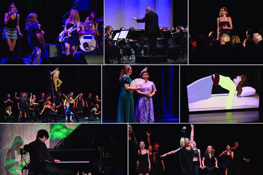 Collage of nine photos showcasing Interlochen Arts Academy student performances, including theatre, orchestra, choir, contemporary music, piano, and musical theatre on stage.