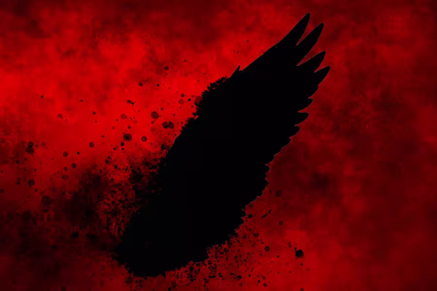A black silhouette of a large feathered wing rises against a textured deep red background with black ink-like splatters, creating a dark, dramatic image that evokes themes of temptation, power, and the supernatural.