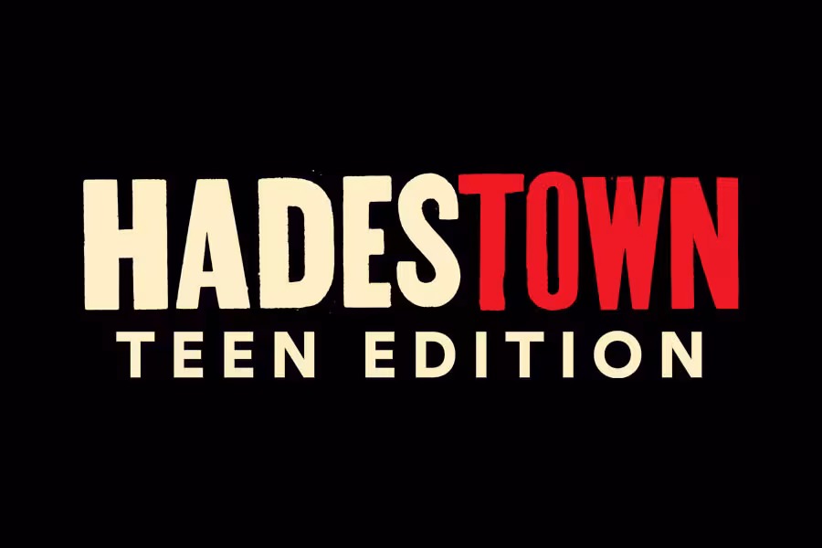 The Hadestown: Teen Edition logo appears centered on a black background. The title "HADESTOWN" is displayed in bold block letters, with "HADES" in cream and "TOWN" in red. "TEEN EDITION" appears below in smaller cream-colored text.
