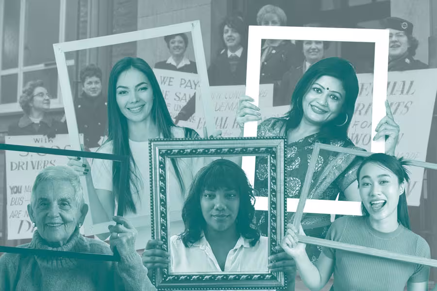 Five women of different ages and backgrounds hold empty picture frames in front of a black-and-white photograph of women holding protest signs. The image is tinted teal.