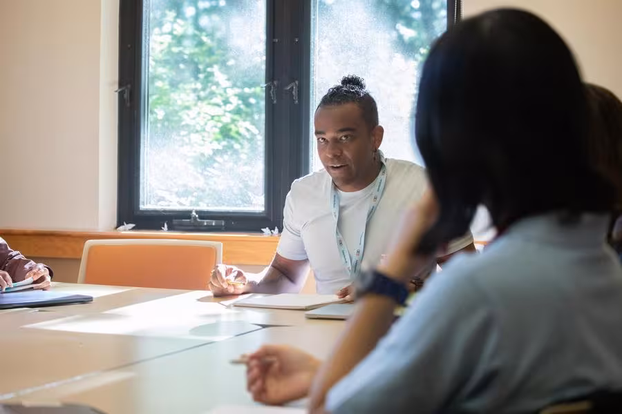 An Arts Camp creative writing instructor leads a session on writing for the stage. 