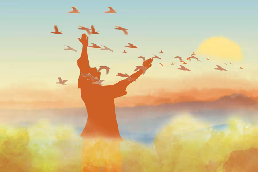 Watercolor-style illustration of Kuafu reaching toward the sun as birds fly across a glowing sky above a misty landscape.