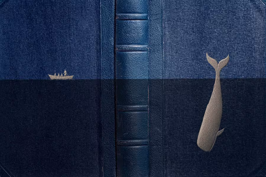 A blue leather-bound book is partially submerged in dark water, with a small whaling boat floating in the distance and the tail of a white whale rising from the water. The minimalist illustration evokes the themes and imagery of Moby-Dick.