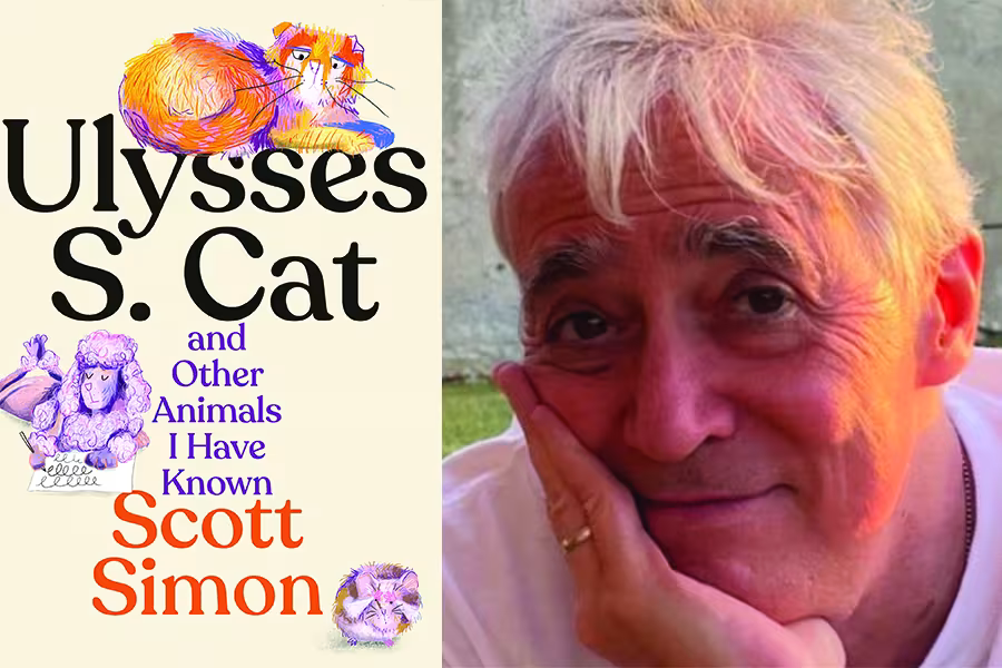Book cover of Ulysses S. Cat and Other Animals I Have Known alongside a portrait of author Scott Simon smiling with his head resting on his hand.