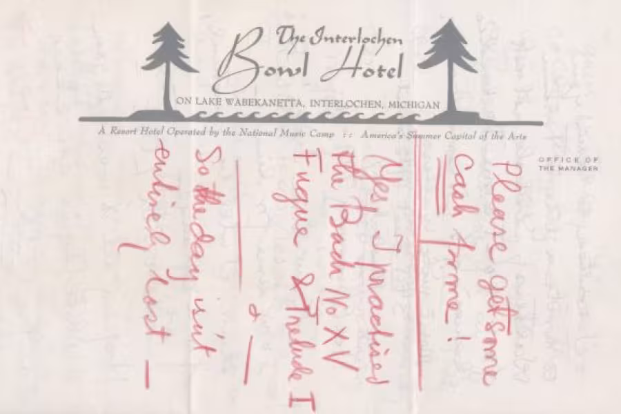 Notepaper from The Interlochen Bowl with a handwritten note from notes from Ella Grainger to composer Percy Grainger. 
