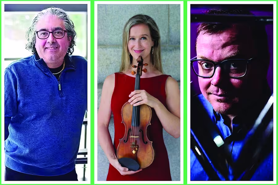 Three musicians shown in separate vertical portrait photos, each framed in teal. From left to right: Keith Aleo wearing glasses and a dark pullover, Emily Cornelius in a red dress, and  Ross Karre wearing glasses and a blue shirt.