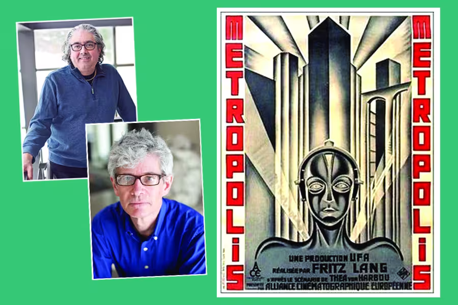 Two faculty portraits alongside the poster for Fritz Lang’s 1927 film Metropolis, featuring the film’s iconic robot figure against a stylized futuristic cityscape.