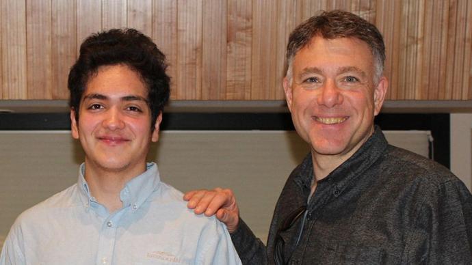 David Schonberger (left) with Instructor of Low Brass Tom Riccobono (right) in IPR's Studio A. Photo courtesy of Interlochen Public Radio.