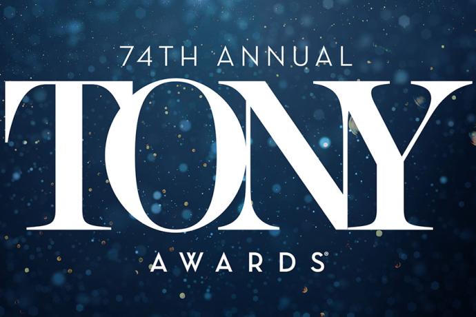 Blue and white graphic that reads 74th Annual Tony Awards