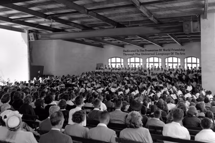 Black and white photo of Kresge Auditorium