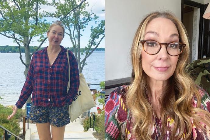 On the left, a blond woman wearing shorts and a red and blue plaid shirt stands in front of a lake with trees nearby. On the right is a portrait image of the same woman, who wears glasses and a multicolored patterned blouse.